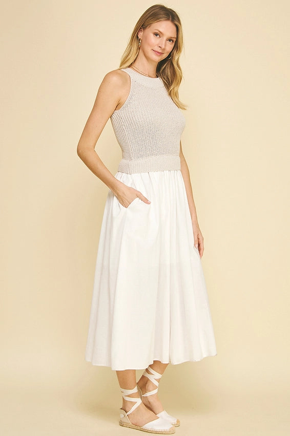 CONTRAST DETAILED MIDI DRESS - OFF WHITE