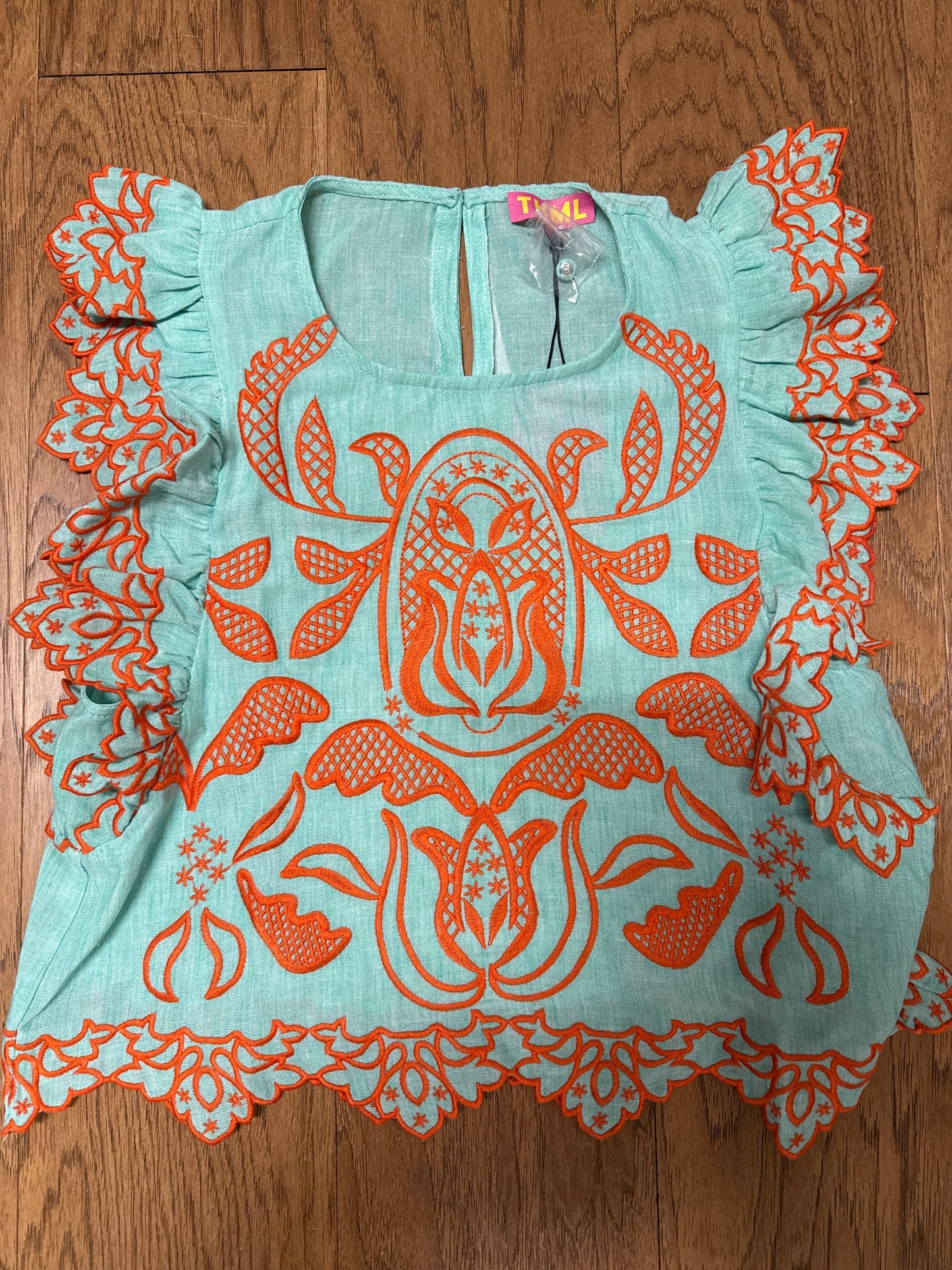 FLUTTER SLEEVE EMBROIDERY TOP - MINT