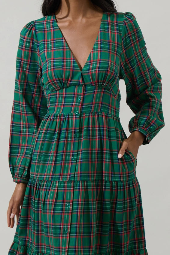 PLAID BUTTON DOWN MIDI DRESS - GREEN MULTI