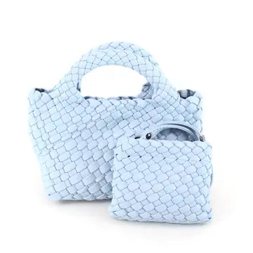 SMALL WOVEN TOTE CROSSBODY BAG W/COSMETIC POUCH - ASSORTED COLORS