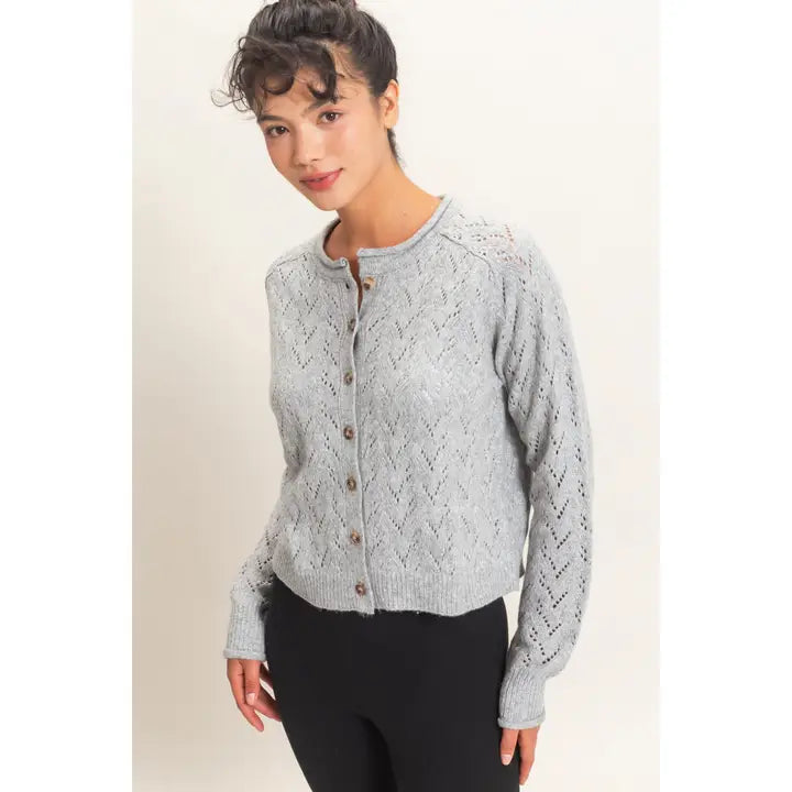 POINTELLE KNIT BUTTON FRONT CARDIGAN - HEATHER GRAY