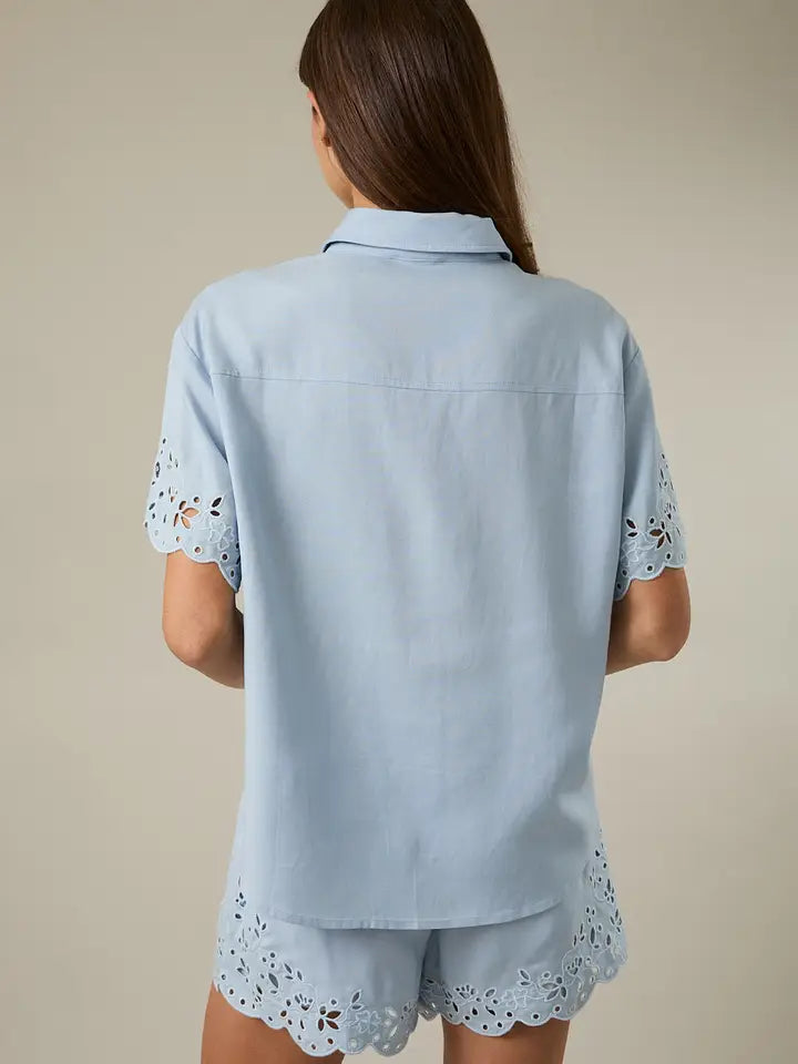 HALF SLEEVE BUTTON DOWN EYELET EMBROIDERED SHIRT - LT BLUE