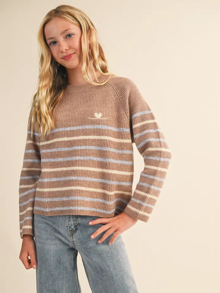 GIRLS ROUND NECK WIDE TUNIC PULL OVER SWEATER - MOCHA