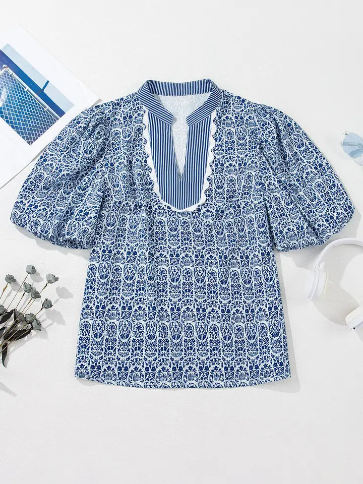 BLUE FLORAL STRIPED PRINT CONTRAST RIC-RAC PUFF SLEEVE TOP - BLUE