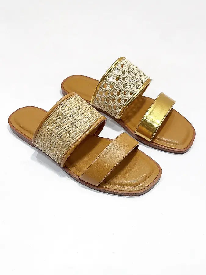 WOVEN RAFFIA SLIDE SANDAL - TAN MULTI