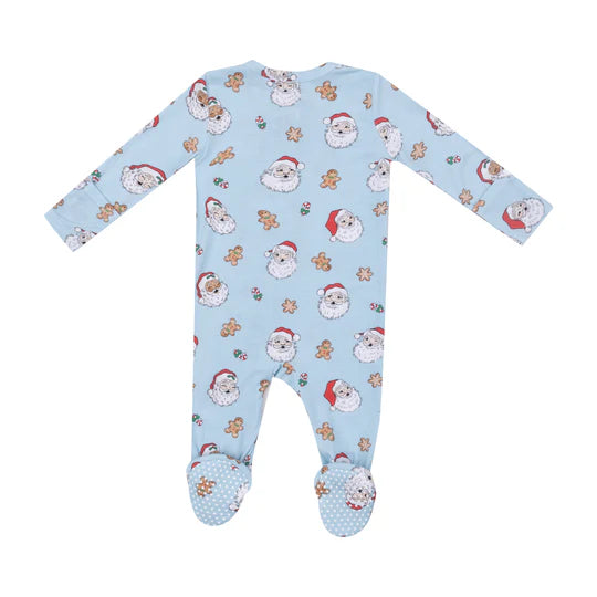 ZIPPER FOOTIE - BLUE VINTAGE SANTAS