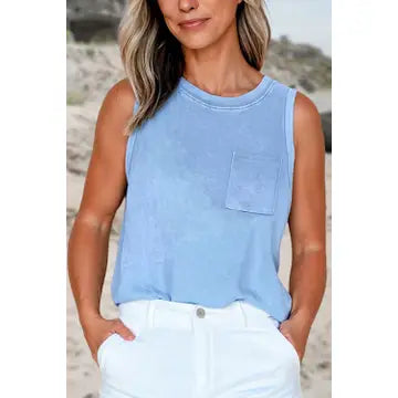 PATCHED CHEST POCKET MINERAL WASH TANK TOP - BLUE