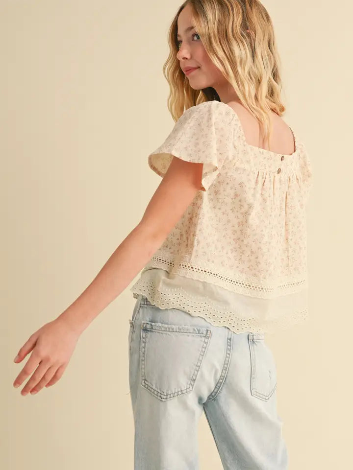 SQUARE NECK DOUBLE FLUTTER SLVS PEASANT TOP W/LACE - ECRU PINK