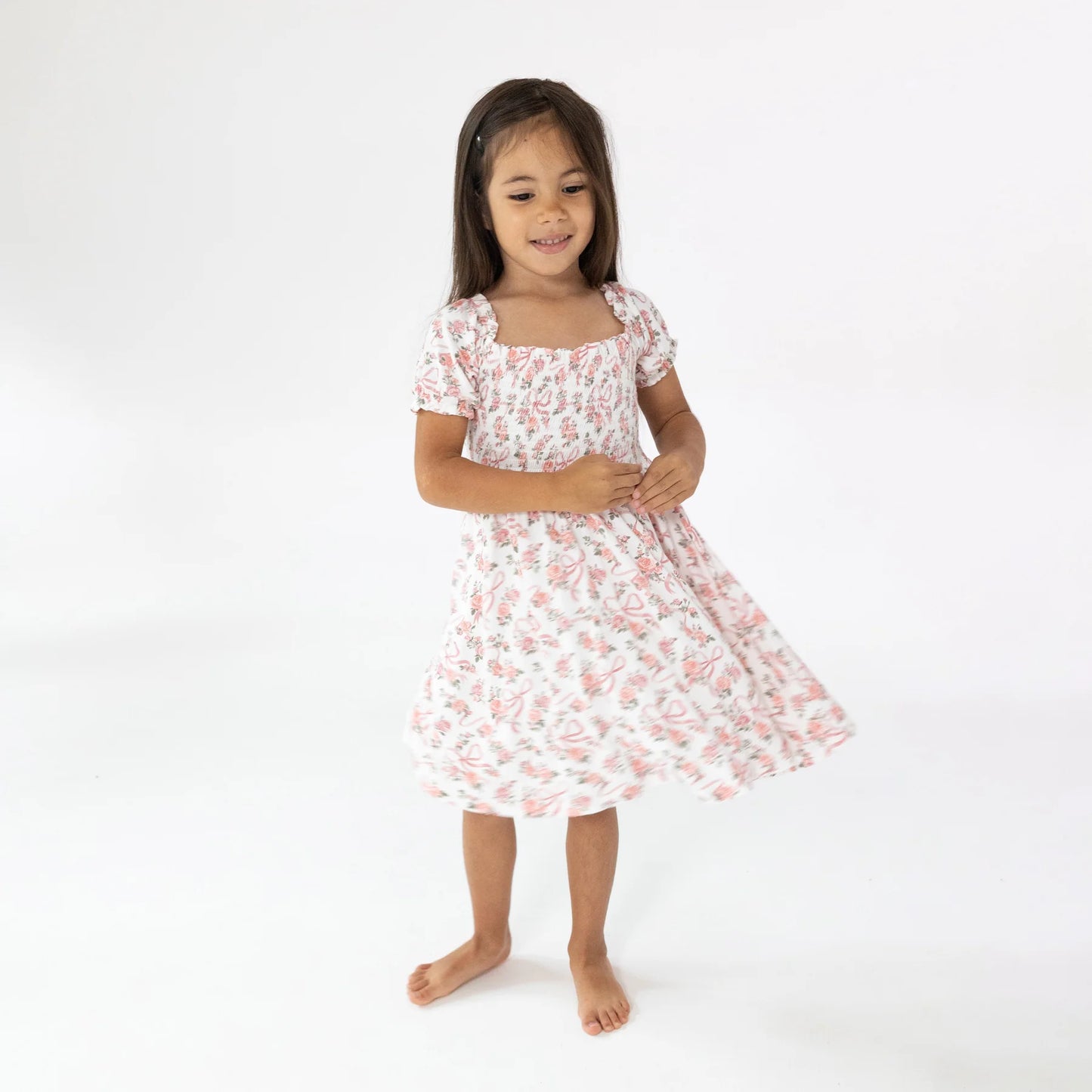 PUFF SLEEVE SMOCKED DRESS - RIBBONS AND FLOWERS