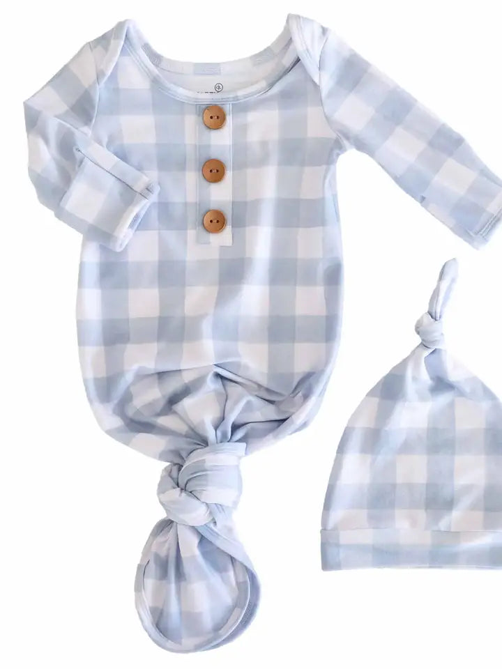 BABY KNOT GOWN & KNOT HAT SET - DUSTY BLUE GINGHAM