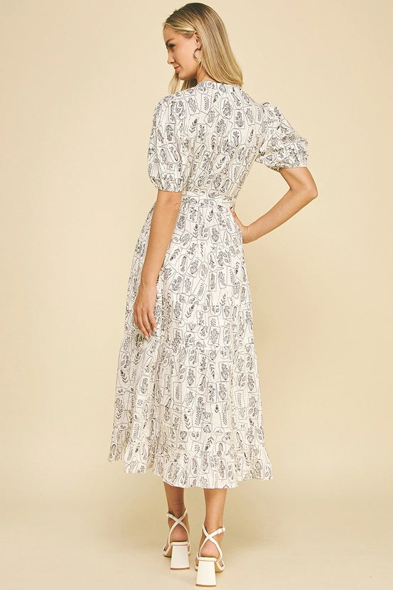 PRINT TIERED MIDI DRESS - BROWN