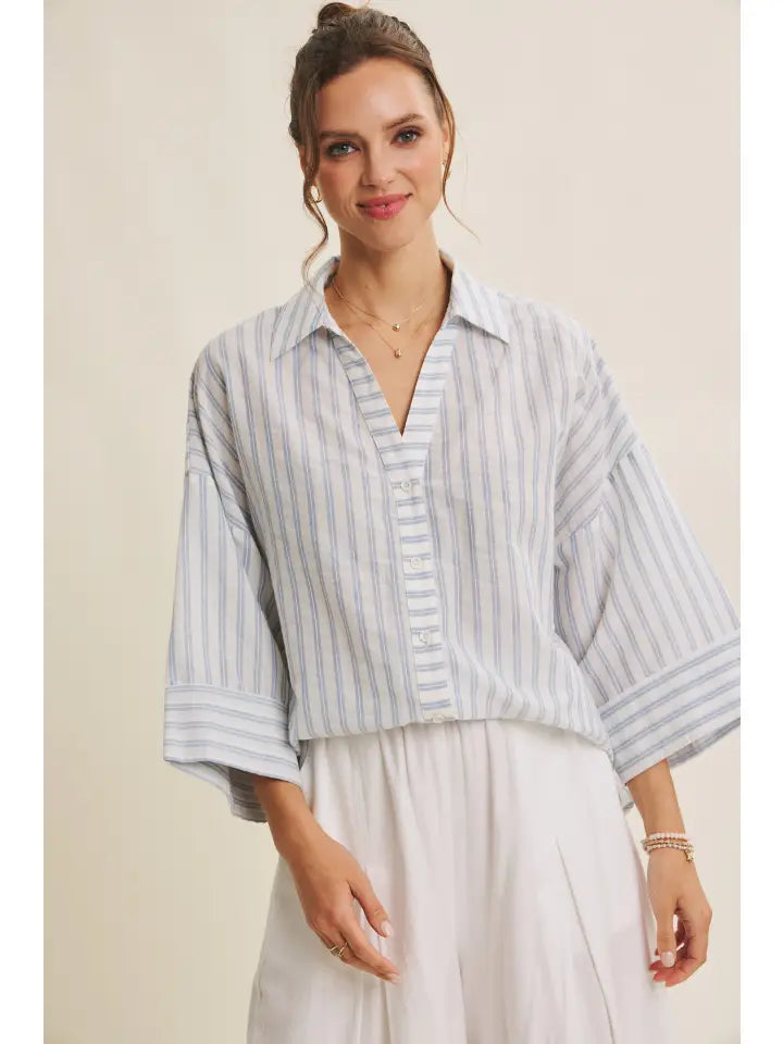 PERFECT TRANSITIONAL STRIPE BUTTON DOWN SHIRT WITH WIDE SLEEVES - DENIM BLUE