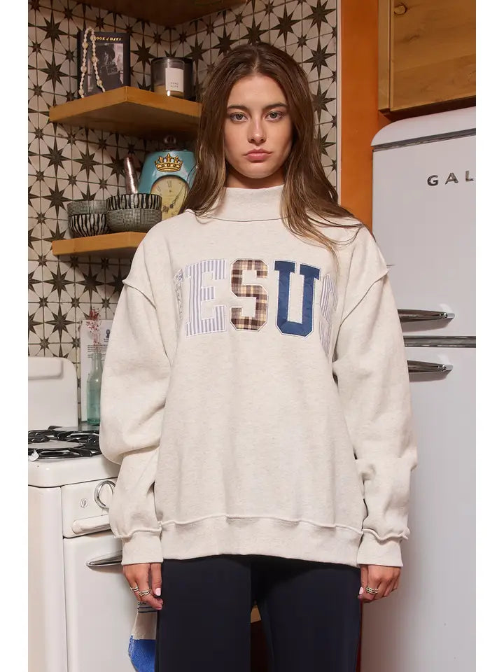 JESUS EMBROIDERED MOCK NECK SWEATSHIRT - ASH GREY