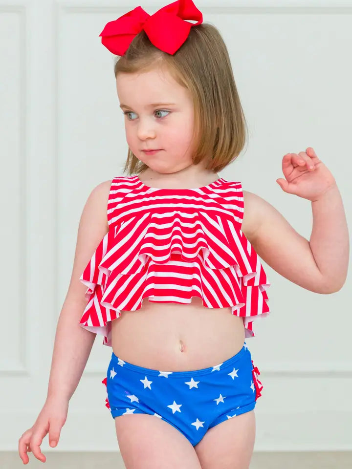 GIRLS SHIMMER STARS & STRIPES FLOUNCE BIKINI WITH REAR RUFFLES