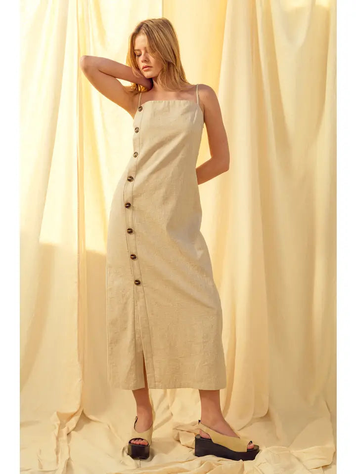 BUTTON DETAIL LINEN LONG DRESS - OATMEAL