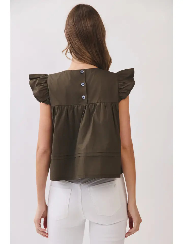 RUFFLE SLEEVE BUTTON BACK TOP - OLIVE