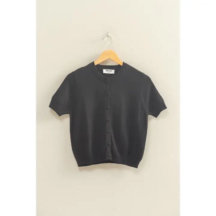 CREW NECK SHORT SLEEVE BUTTONED CARDIGAN - BLACK
