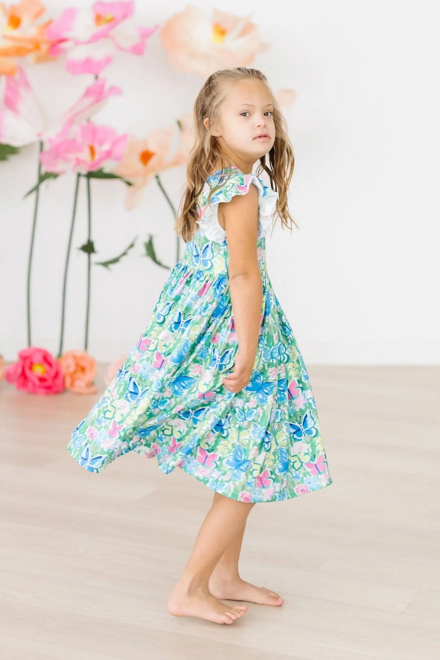 WATERCOLOR BUTTERFLIES FLUTTER SLEEVE TWIRL DRESS