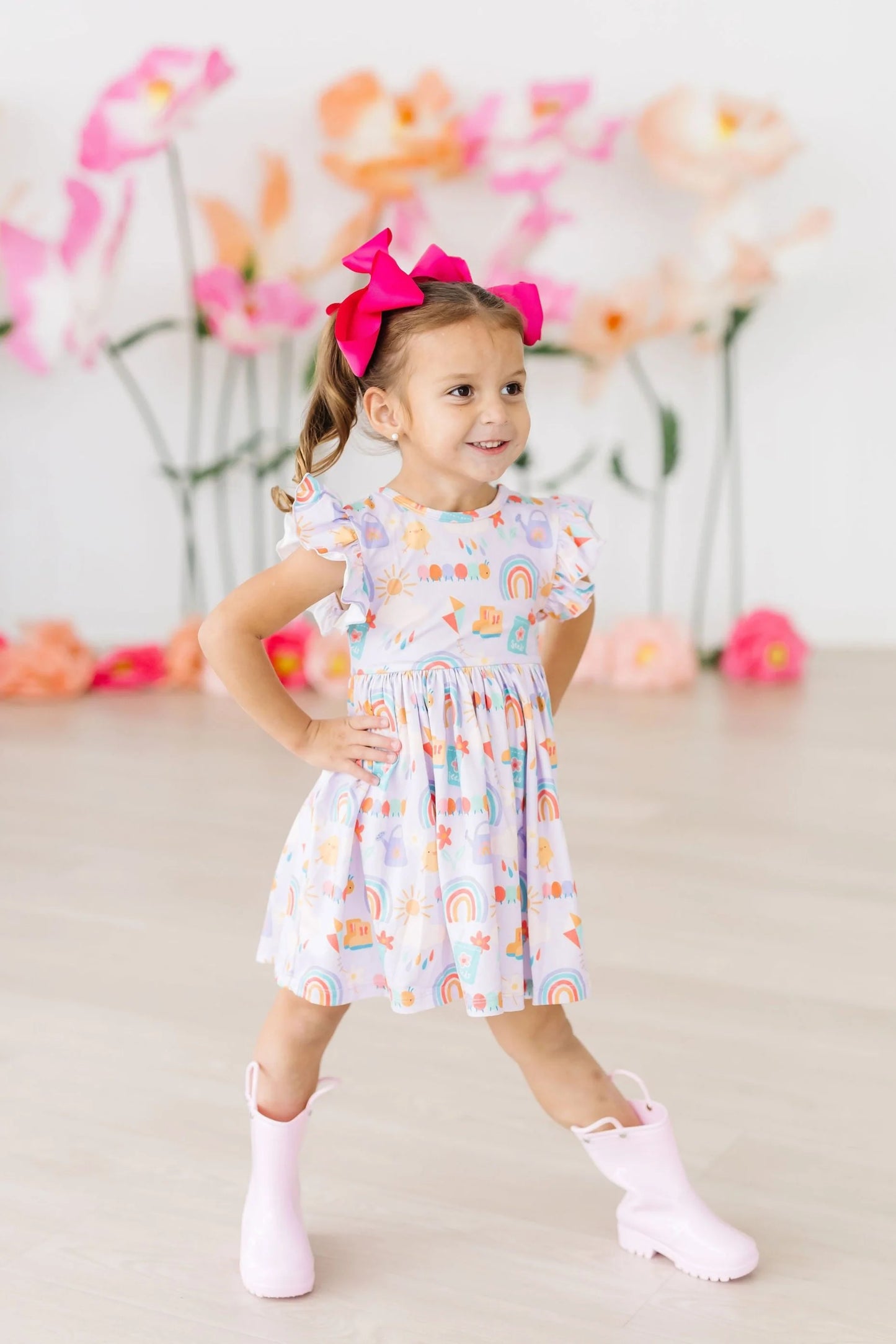 RAINY DAY FLUTTER SLEEVE TWIRL DRESS