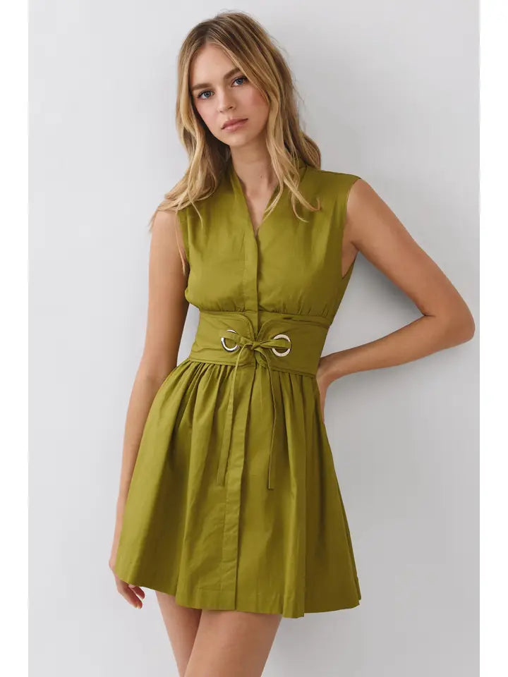 SLEEVELESS FIT FLARE & FLARE WAIST BELT MINI DRESS - OLIVE