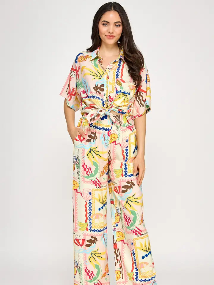 AUMMER PRINT ELASTIC WAIST PANTS - MULTI