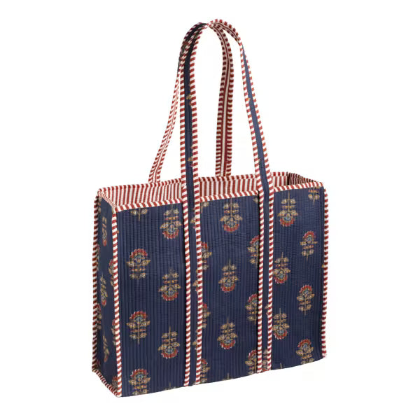 NAVY QUILTED BLOCK PRINT TOTE