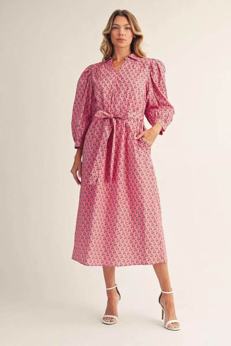 3/4 PUFF SLEEVE TINY FLORAL MIDI DRESS - PINK