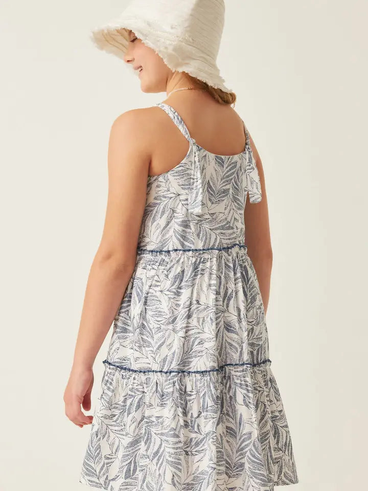 GIRLS BOTANICAL PRINT TIERED TIE SHOULDER DRESS - BLUE