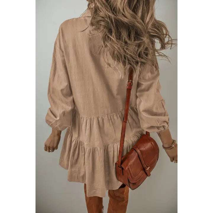 BUTTONED TIERED PLEATED MINI SHIRT DRESS - TAN