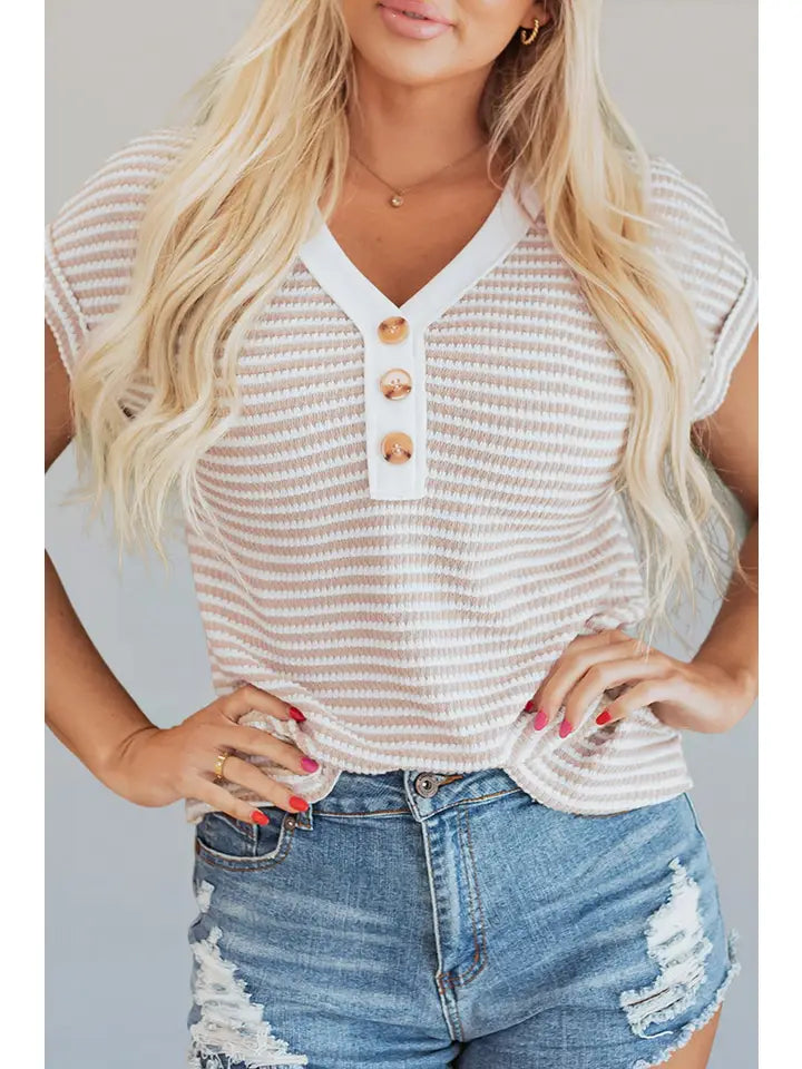CASUAL STRIPED KNIT BUTTONED FRONT V NECK TSHIRT