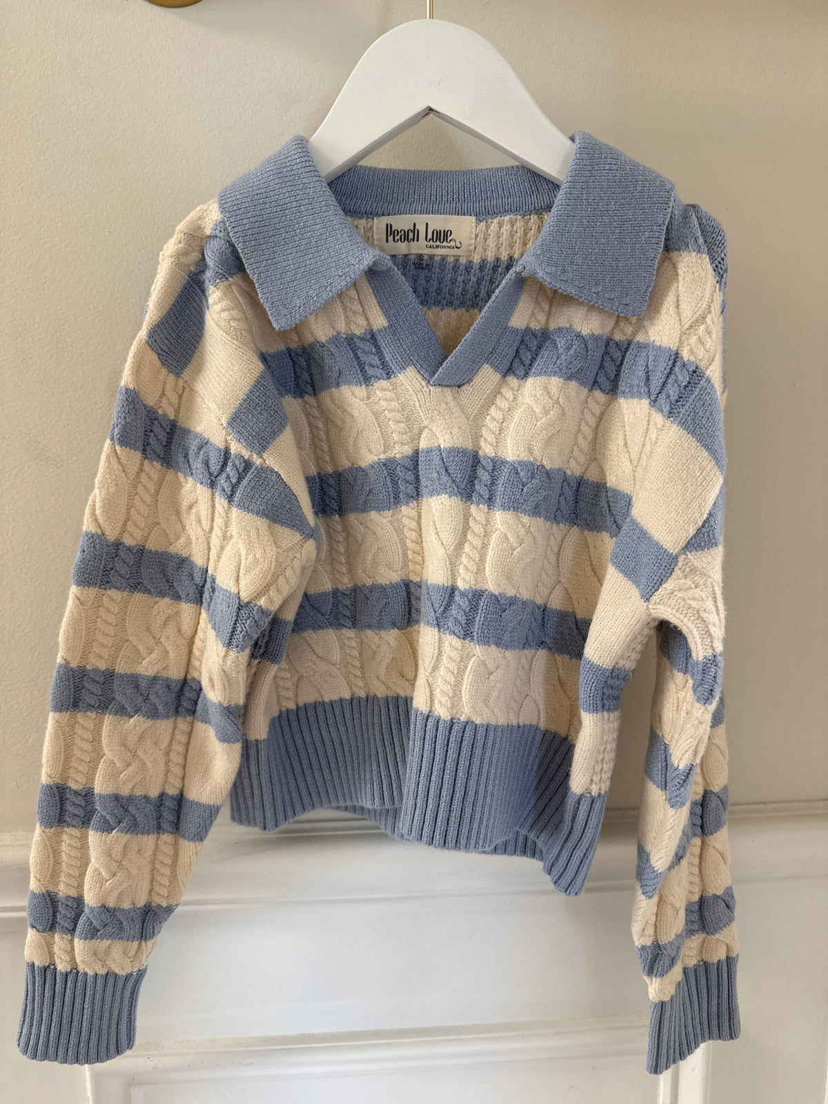 TWEEN COLLARED STRIPE DETAIL CROPPED SWEATER - DUSTY BLUE /IVORY