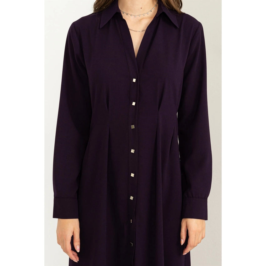 ON REPEAT BUTTON UP CINCHED MIDI DRESS - BLACK