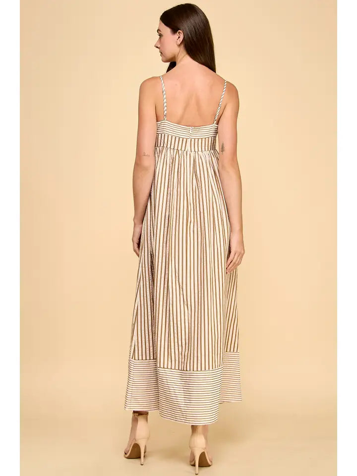 VERTICAL STRIPED RELAXED EMPIRE WAIST MOXI DRESS - BEIGE