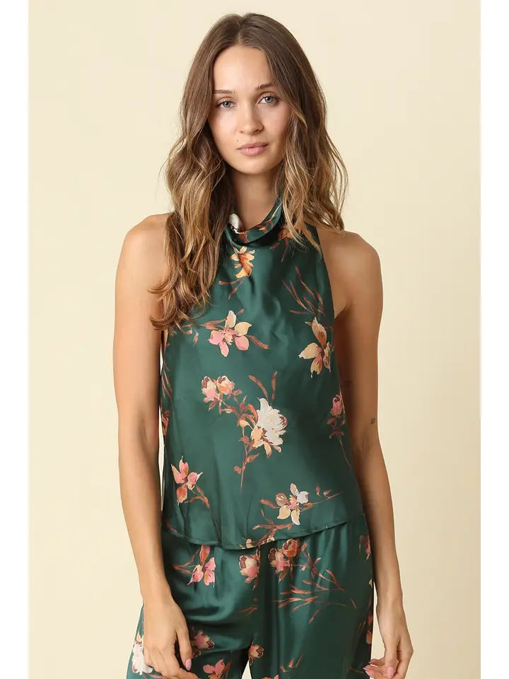 JASMINE FLORAL HALTER SATIN TOP - DK GREEN PEACH
