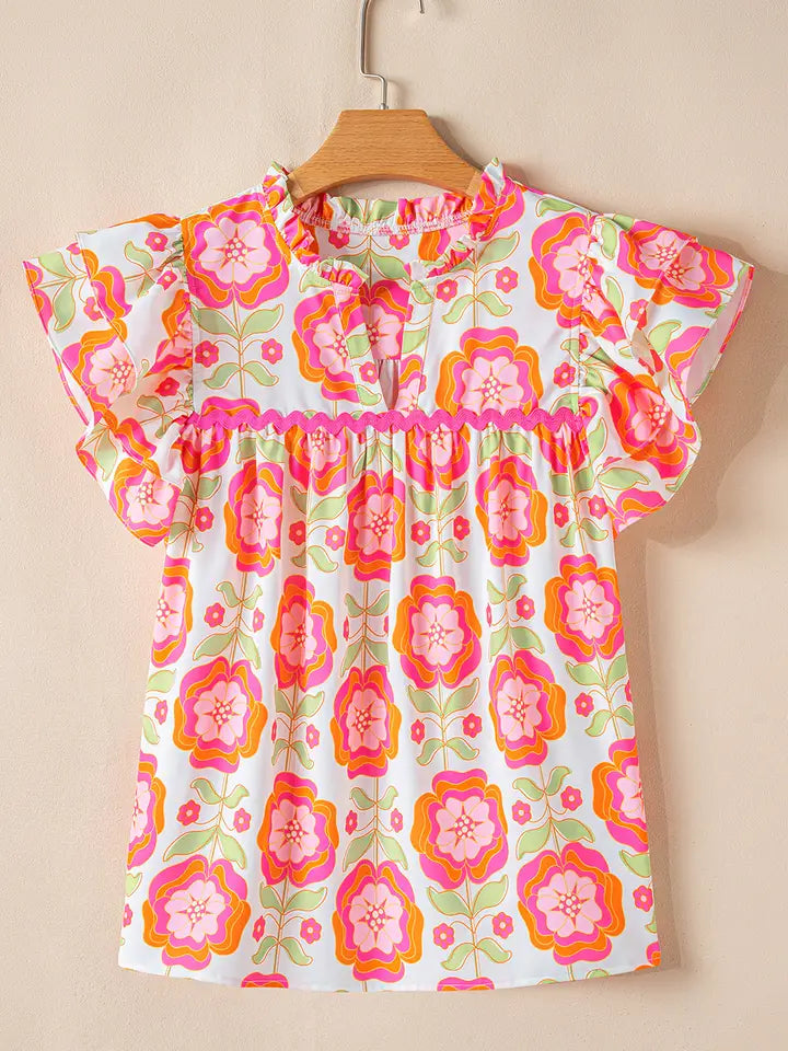 GRACE FLORAL RUFFLED SLEEVE SPLIT NECK LOOSE BLOUSE