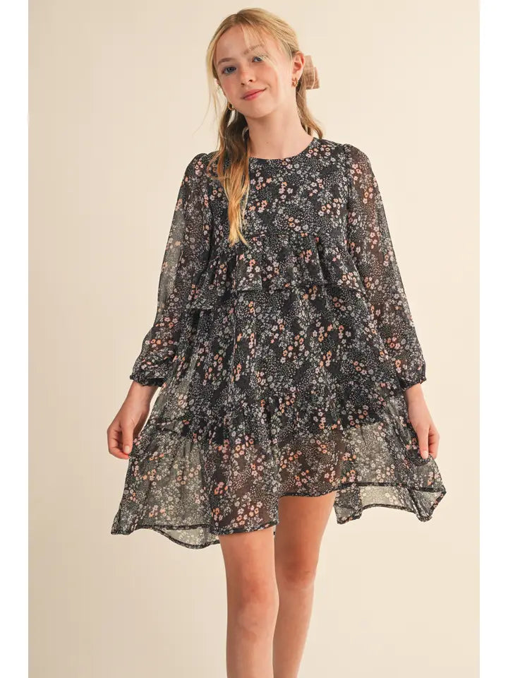 GILRS LAYERED HI-LOW MIDI DRESS - BLACK MULTI