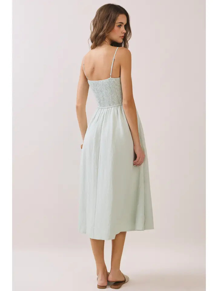 EMBROIDERED FRONT DETAIL SMOCKED BACK DRESS - MINT