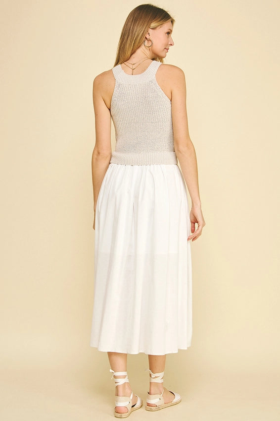 CONTRAST DETAILED MIDI DRESS - OFF WHITE