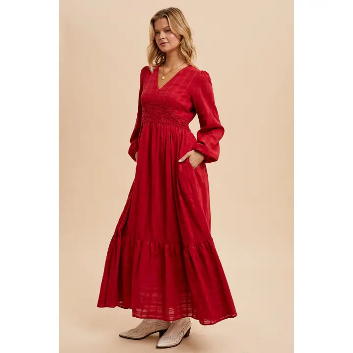 LACE DETAIL COTTON MAXI DRESS - RED