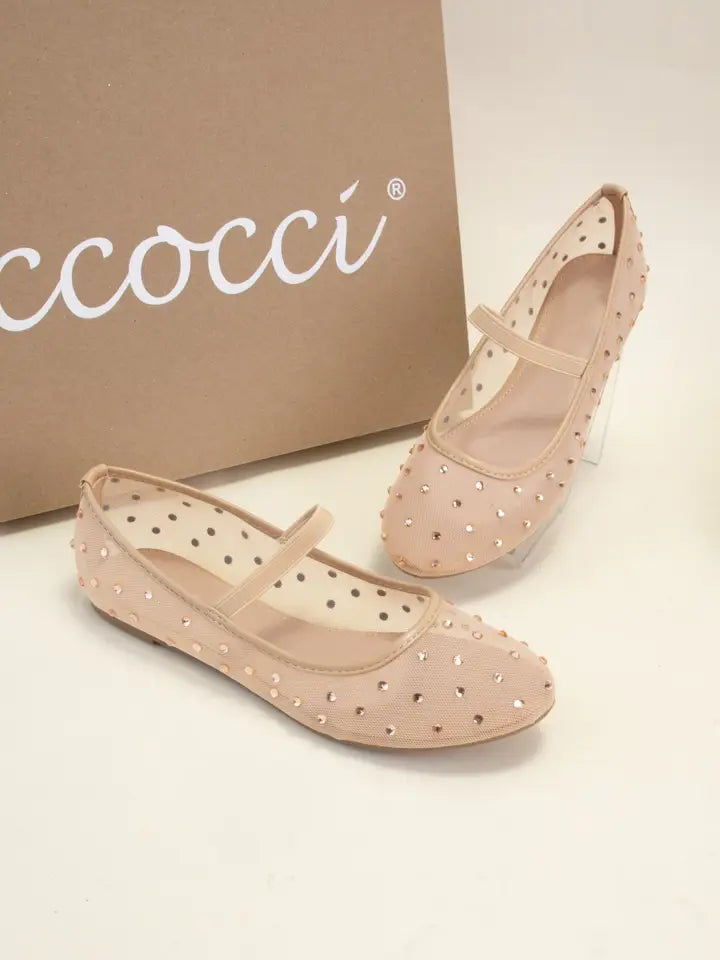 RHINESTONE EMBELLISHED MESH MARY JANE FLATS - BEIGE