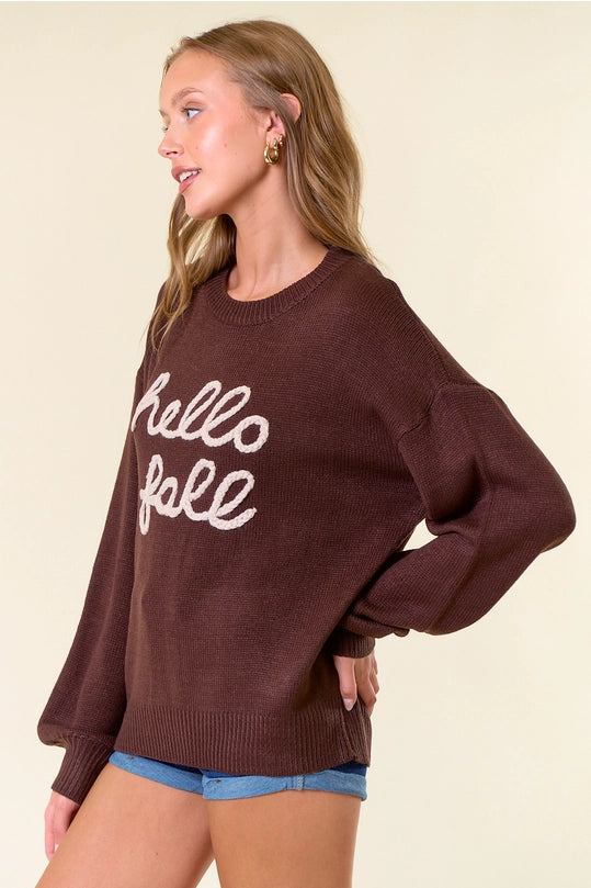 HELLO FALL EMBROIDERED OVERSIZE SWEATER - CHOCOLATE