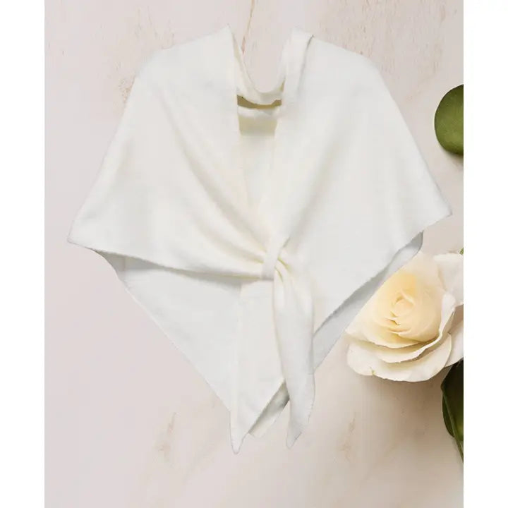 CASHMERE BLEND KNIT TRIANGLE SHAWL WITH CROSS FRONT DESIGN - CREAMY