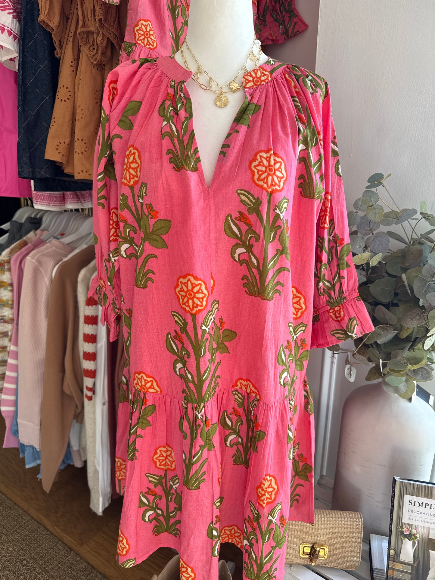 SHORT SLEEVE FLOWER PRINT DRESS - PINK