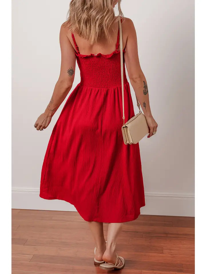 TEXTURED SHIRRED RUFFLED TRIM MIDI DRESS - RED