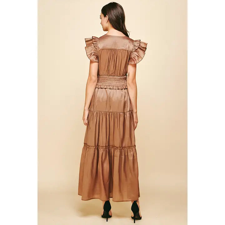 SATIN TIERED MAXI DRESS - MOCHA