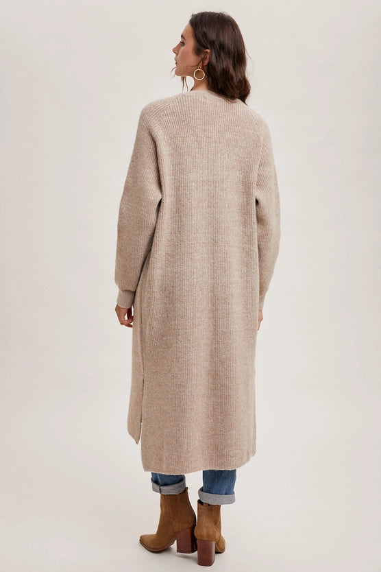 LONGLINE SIDE SLIT CARDIGAN - OATMEAL