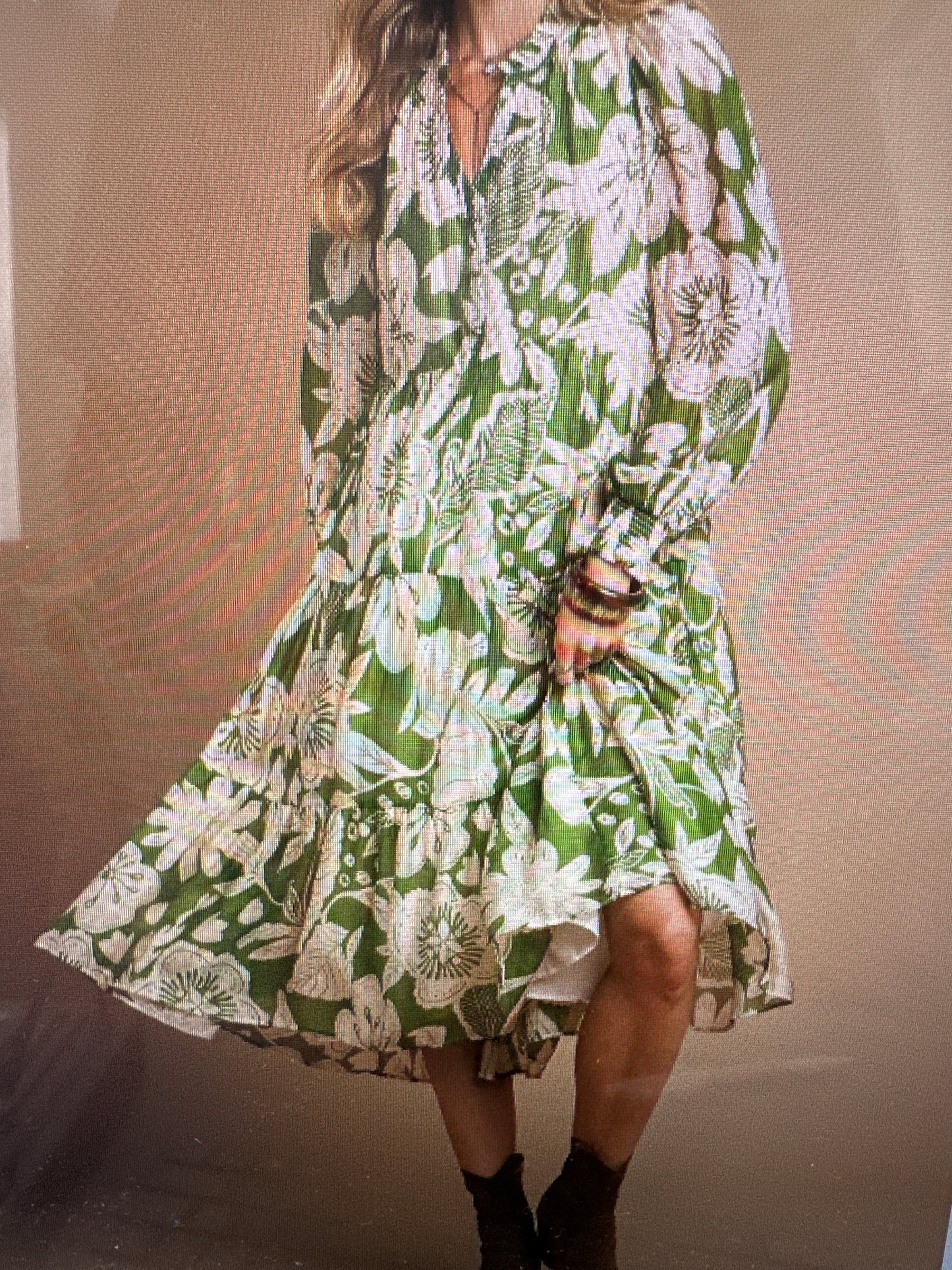 FLORAL TIERED LONG SLEEVE MIDI DRESS - GREEN