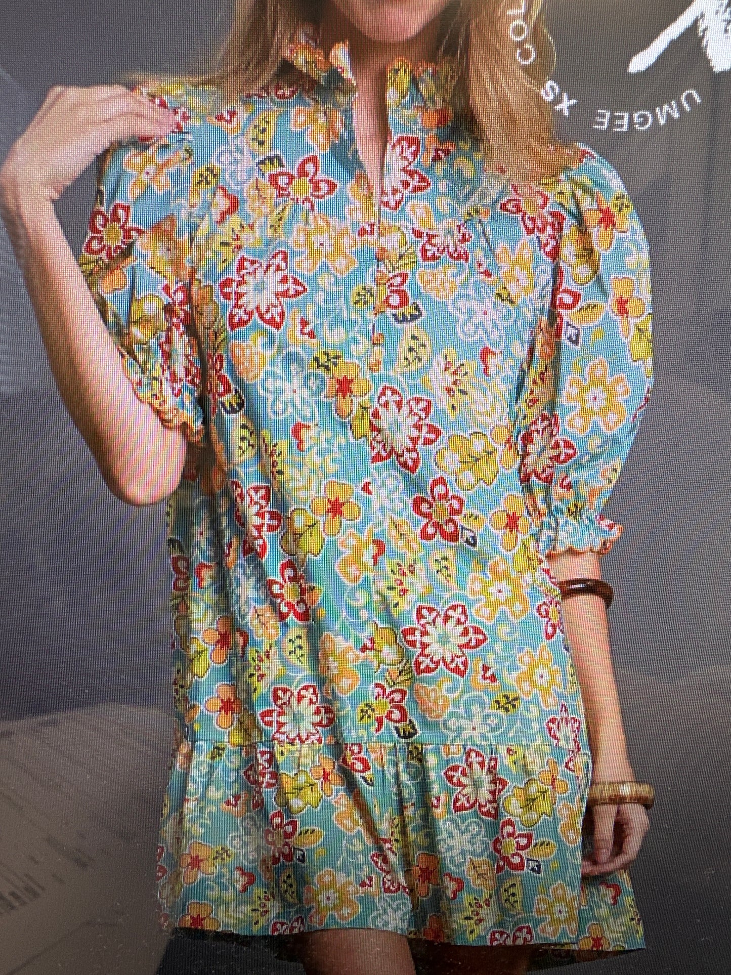 HIGH NECK BUTTON DOWN MINI DRESS SCALLOPED - BLUE MIX