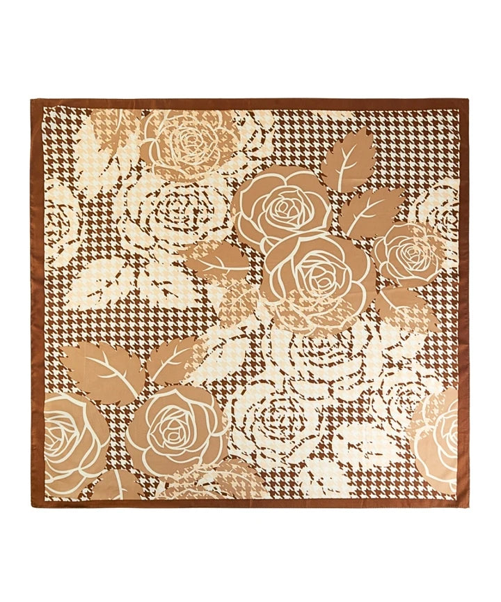 SILK FEEL VINTAGA ROSE & HOUNDTOOTH PRINT SCARF - TAUPE