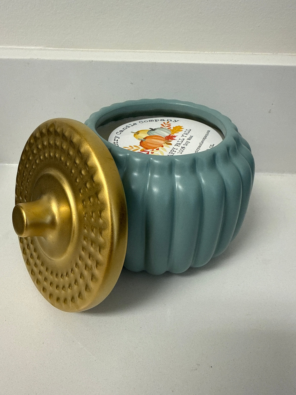HAPPY FALL Y'ALL TEAL CERAMIC HEIRLOOM PUMPKIN CANDLE 19oz